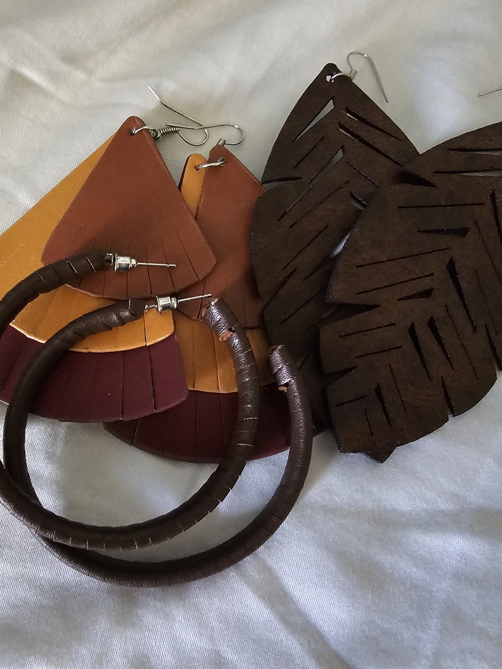 Boho Layered Leather Earrings Set in Brown, Mustard & Burgundy